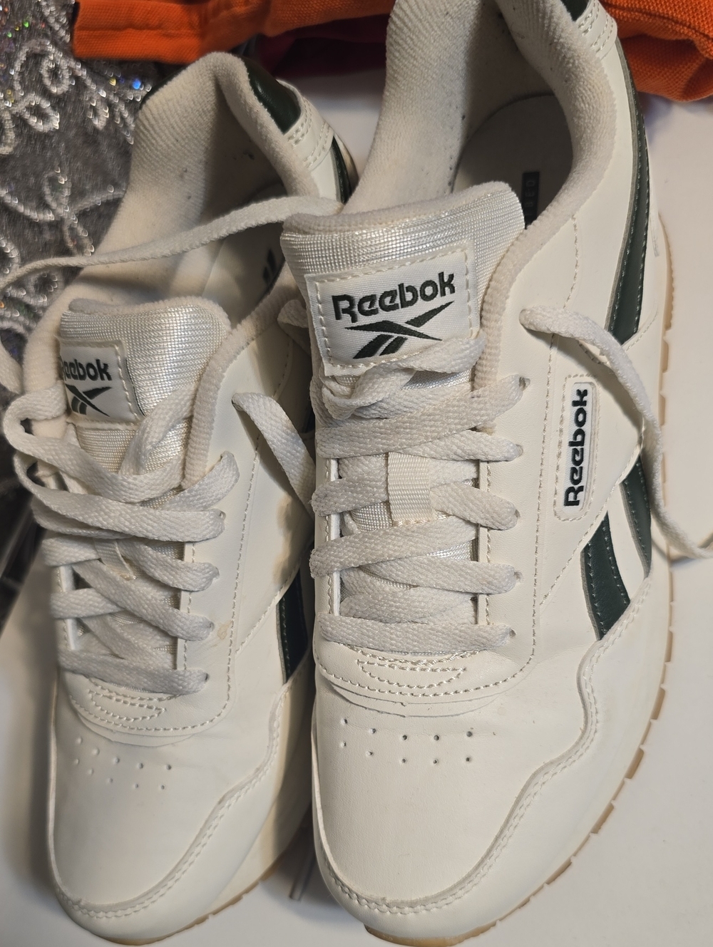 Reebok Men’s White Sneakers with Dark Green Accents